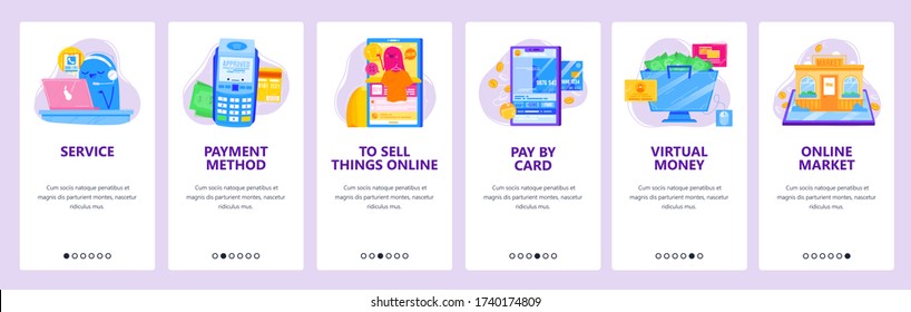 Online shopping concept icon set. Support by phone, pos terminal, pay by credit card. Mobile app screens. Vector banner template for website and mobile development. Web site design illustration.