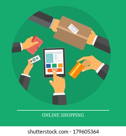 Online shopping concept with icons of retail commerce and marketing elements. Set of hands in flat design