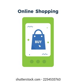 Online-Shopping-Konzept mit Symbolen. Vektorgrafik beinhaltet ein Handy mit einer Tasche, für Banner, Business-Präsentation, App.
