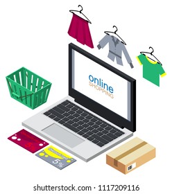Online shopping concept illustration. Buying clothes internet. Vector isometric
