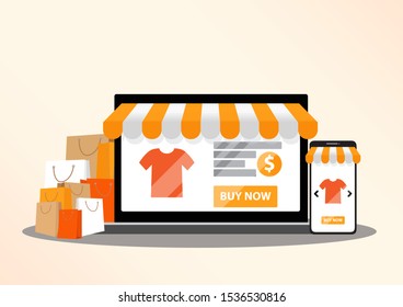 Online shopping concept illustration. Buying and selling items. Online payment, Buying online - vector banner with icons