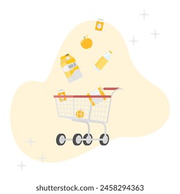 Online shopping concept illustration. The illustration with a shopping cart, an apple, cans, milk packaging and a cardboard box. Vector illustration