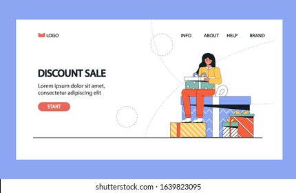 Online shopping concept illustration discount sale banner. Happy woman sitting with purchases on a large gift box. Online store or internet shop sale. Vector for banner, landing page, mobile app.