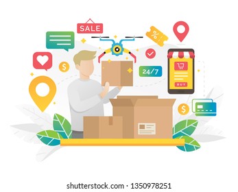 Online shopping concept illustration. Online shopping e commerce 24 hours customer support service. E-commerce, Online payment and delivery - Vector