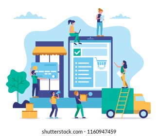 Online shopping concept illustration in flat style with characters. Buying goods on internet, delivery, shipping service. 