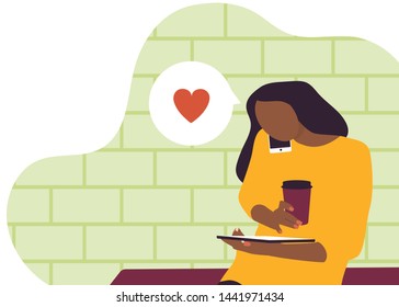 Online shopping concept illustration, flat design vector poster. Young woman loves item online. Girl speaking on phone  