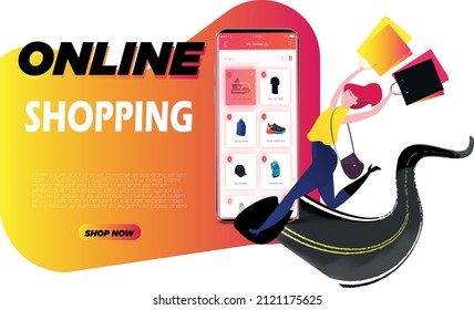 Online shopping concept illustration, perfect for web design, banner, mobile app, landing page,UI UX design.Women Shopping Online on Mobile Phone.