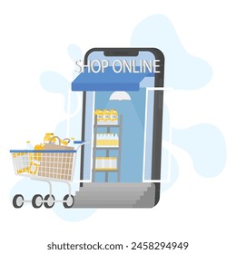 Online shopping concept illustration. The illustration with a shop window, telephone, cart and food. Vector illustration