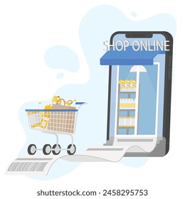 Online shopping concept illustration. The illustration with a shop window, telephone, cart and food. Vector illustration