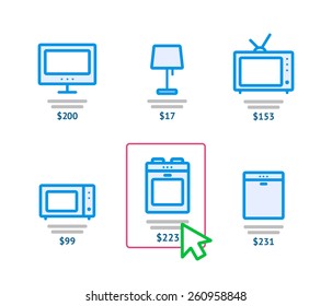 Online shopping concept. Illustration of online shop page with goodes and prices. Vector line illustration