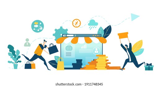 Online shopping concept illustration. Spend money, buy gift, people making inline orders