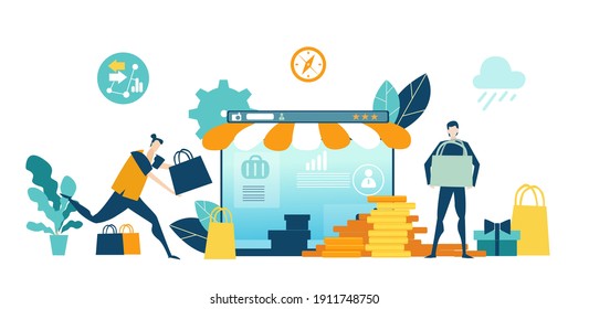 Online shopping concept illustration. Spend money, buy gift, people making inline orders