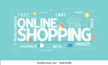 Online shopping concept illustration with words and people.