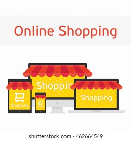 Online shopping concept. Infographics background of E-commerce. Computer, tablet, laptop and smart phone with awning. Icons for marketing and online shopping.