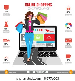 Online shopping concept infographics in vector. Illustrated Woman with paper shopping bags walking from laptop on road. 