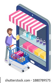 Concepto de compras en línea. aplicación de tienda de Internet. el comprador selecciona un producto en la ventana de la tienda en la pantalla del smartphone. Teléfono como quiosco con visera a rayas y artículos en cajas y botellas en estanterías