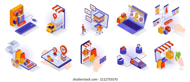 Concepto de compra en línea iconos isométricos 3d conjunto. Comprar libros en la librería en línea, encargar artículos de computadora o aplicación, rastrear paquetes y pagar, isometría colección aislada. Ilustración del vector