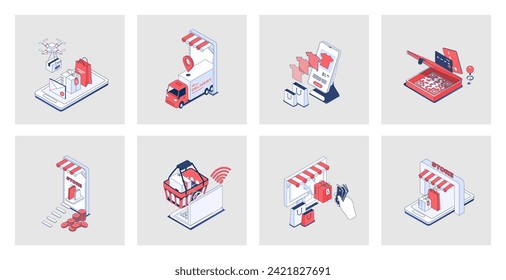 Online shopping concept of isometric icons in 3d isometry design for web. E-commerce and ordering at store webpage, internet commerce with payment, purchasing at sales in app. Vector illustration