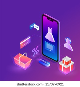 Online shopping concept, isometric illustration of smartphone with multiple shopping equipments and on purple background.