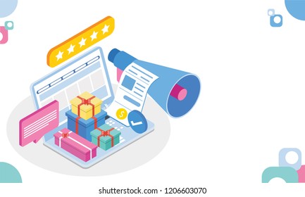 Online Shopping concept, Isometric laptop with megaphone and gift boxes on white background. Responsive web template design.