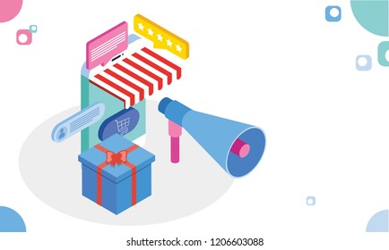 Online shopping concept, isometric smartphone with megaphone and gift box on abstract background.