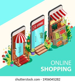 Online shopping concept. Isometric Smartphones Screen With Boutique, Market with Fresh Vegetables, a Department Store. Modern Concept for Web Banners, Websites, Infographics.