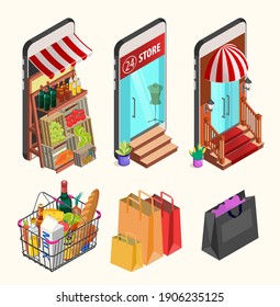 Online shopping concept. Isometric Smartphones Screen With Boutique, Market with Fresh Vegetables, a Department Store. Modern Concept for Web Banners, Websites, Info graphics.