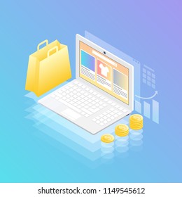 Online shopping concept isometric vector. Website of online clothing store on laptop screen, shopping bag and stack of money.  Technology concept. Infographics illustration on ultraviolet background