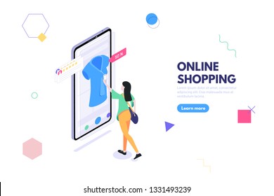 Online shopping concept, Isometric woman chooses a product in an online store. Commercial checkout pay, ecommerce retail on device for customer application. Flat isometric vector illustration