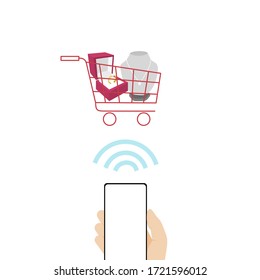 Online shopping concept, jewelry in cart, vector flat design.