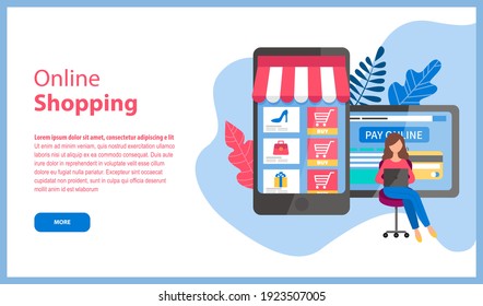 Online shopping concept landing page template. Tablet pc, smartphone screen with buy icons. A woman buyer sits with laptop chooses purchases in store use internet, pays online, safe payment system