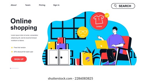 Online shopping concept for landing page template. Customer choosing goods and makes purchases using laptop. E-commerce people scene. Vector illustration with flat character design for web banner