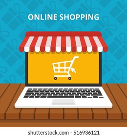 Online shopping concept. Laptop with awning. Gifts on background. Flat vector illustration.