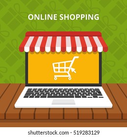 Online shopping concept. Laptop with awning. Gifts on background. Flat vector illustration.