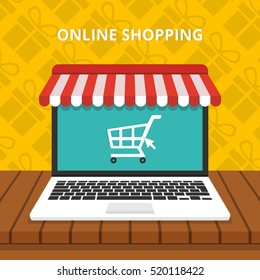 Online shopping concept. Laptop with awning. Gifts on background. Flat vector illustration.