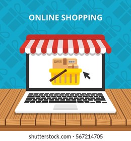 Online shopping concept. Laptop with awning on wooden table. Gifts on background. Flat vector illustration.