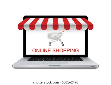 Online shopping concept. Laptop with awning - stock vector.