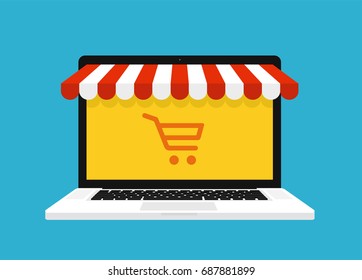 Online shopping concept. Laptop with awning - stock vector.