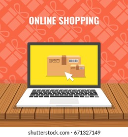 Online shopping concept. Laptop with boxes on screen and wooden table. Gifts on background. Flat cartoon style. Vector illustration.