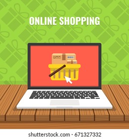 Online shopping concept. Laptop with boxes on screen and wooden table. Gifts on background. Flat cartoon style. Vector illustration.