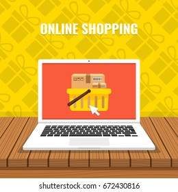 Online shopping concept. Laptop with boxes on screen and wooden table. Gifts on background. Flat cartoon style. Vector illustration.