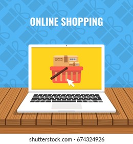 Online shopping concept. Laptop with boxes on screen and wooden table. Gifts on background. Flat cartoon style. Vector illustration.