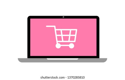 Online shopping concept laptop and shopping cart on screen. Vector illustration.