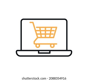 Online shopping concept. laptop and shopping cart icon. editable vector
