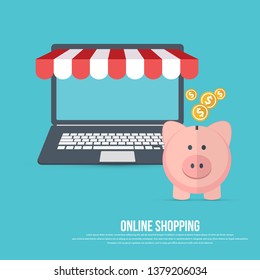 Online shopping concept. Laptop computer with awning and piggy bank. Vector illustration