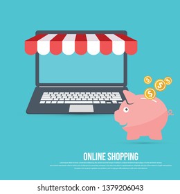 Online shopping concept. Laptop computer with awning and piggy bank. Vector illustration