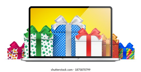 Online shopping concept, with a laptop, and gift boxes, covered with colorful wrapping papers. Vector illustration for holiday shopping design decoration, isolated on the white background.