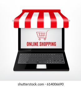 Online shopping concept. Laptop with red an white striped awning. EPS10 vector