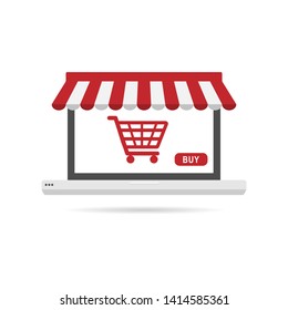 Online shopping concept with laptop symbol in flat icon design on the white background