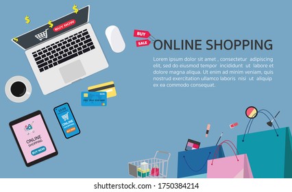 Online shopping concept with laptop, table,cosmetic, credit cards, mobile,shopping bag and products